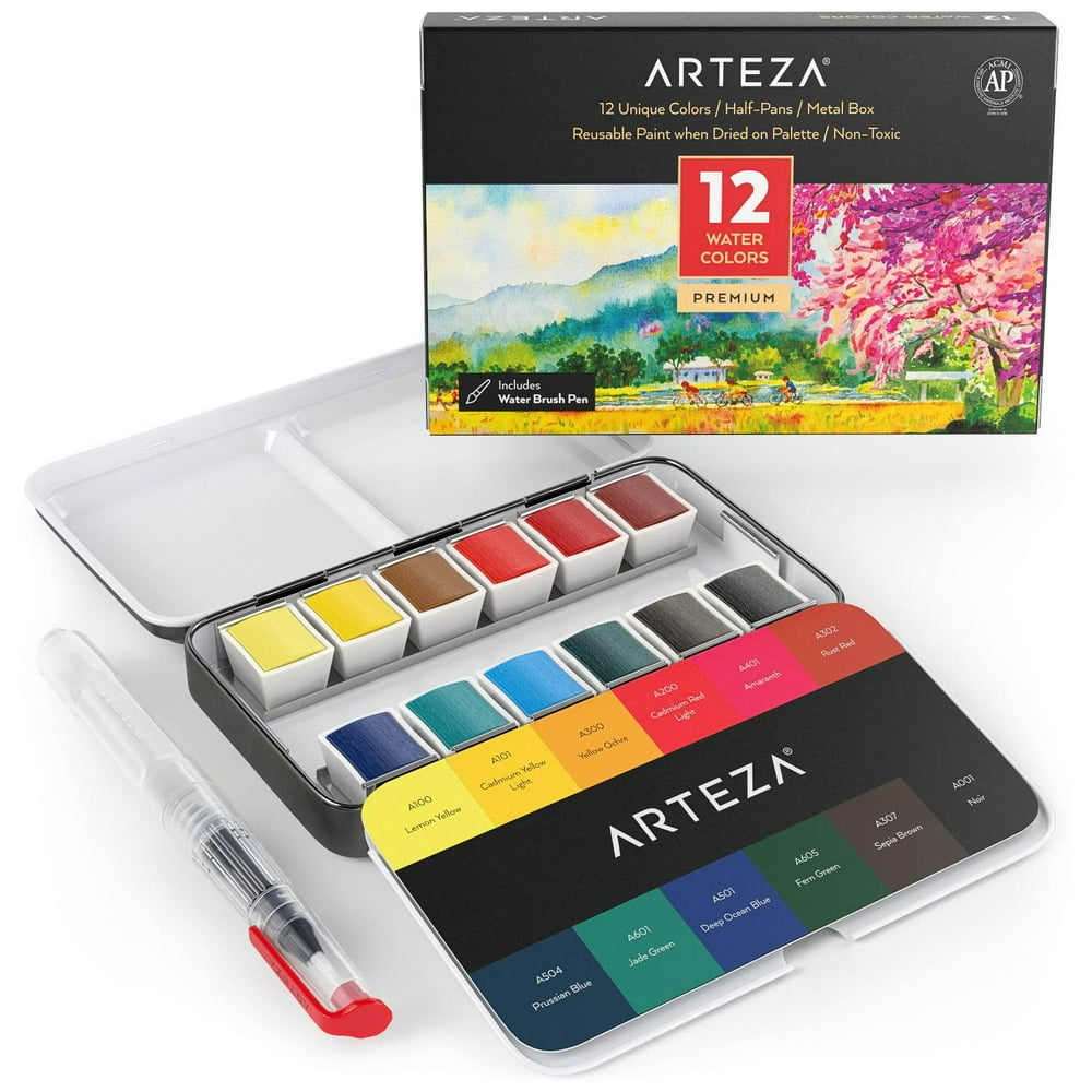 ARTEZA Watercolor Paint, Set of 12 Assorted Vibrant Colors in Half Pans