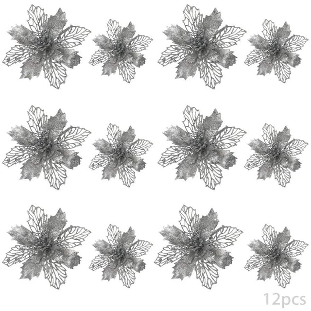 24 piezas de flores navideñas, decoración de flores navideñas, adornos para árboles de Navidad con purpurina, árbol de Navidad con purpurina, flores artificiales de Navidad, purpurina de Navidad