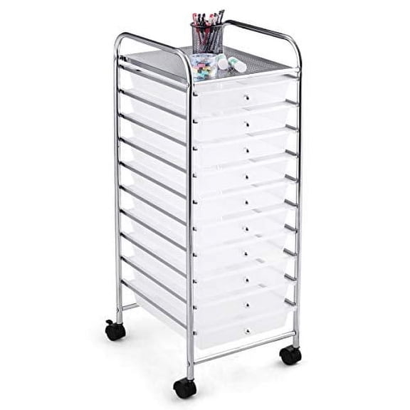 10-Drawer Rolling Storage Cart, Multipurpose Utility Cart Mobile Craft Cart w/Drawers & Wheels, Home Office School Tools Scrapbook Paper Organizer (Clear)