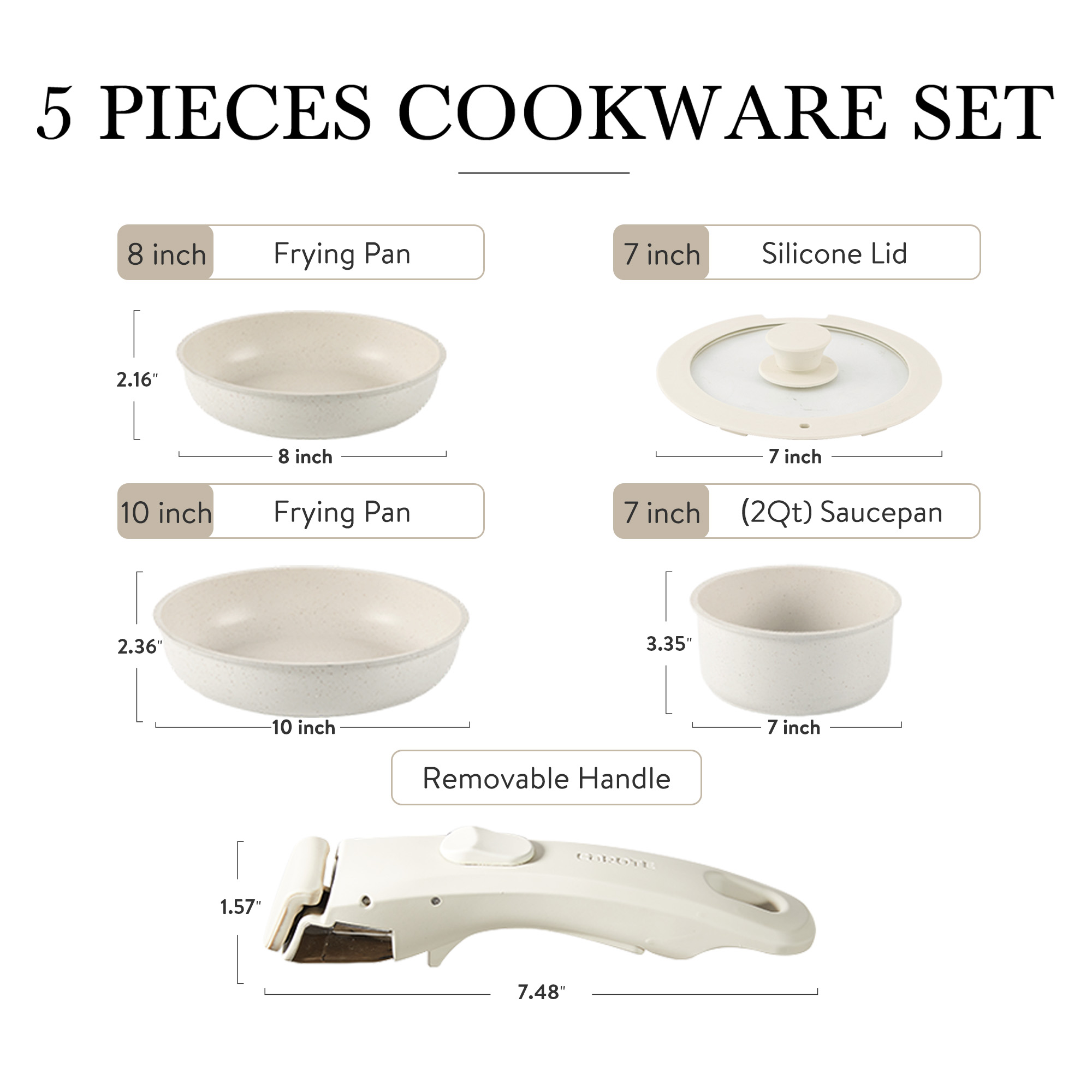 Carote Nonstick Cookware Sets with Detachable Handle, 5 Pcs Granite Non Stick Pots and Pans Set with Removable Handle Cookware - image 3 of 7
