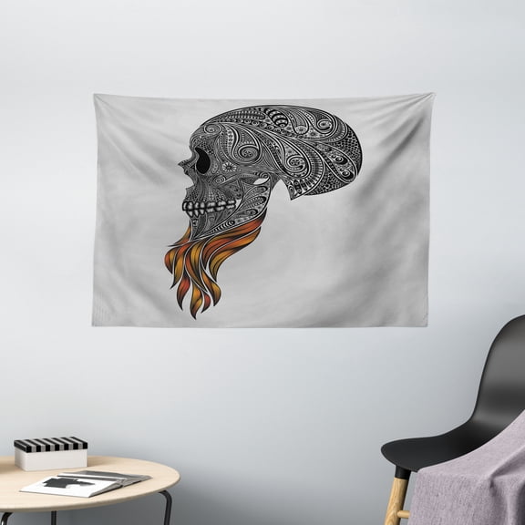 Indie Tapestry, Abstract Skull with Floral Ornaments and Red Beard Patterns Artsy Punk, Wall Hanging for Bedroom Living Room Dorm Decor, 60W X 40L Inches, Black Light Grey Orange, by Ambesonne
