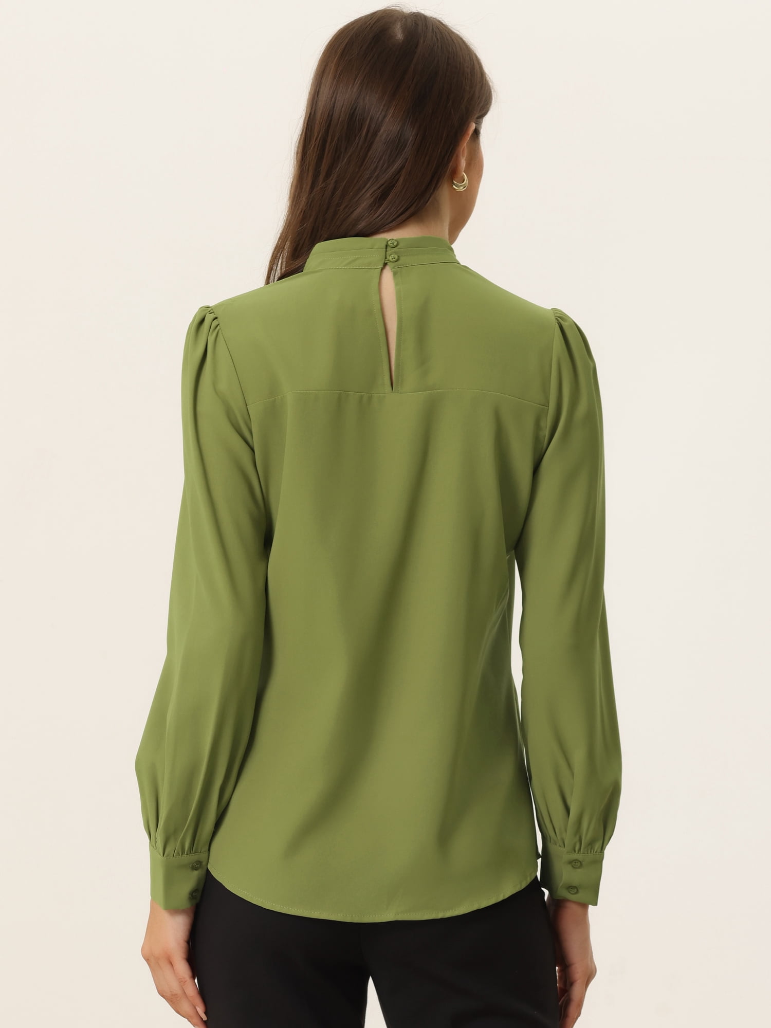 DARING DIVA Women's Stand Collar Long Sleeve Office Blouse M Avocado Green