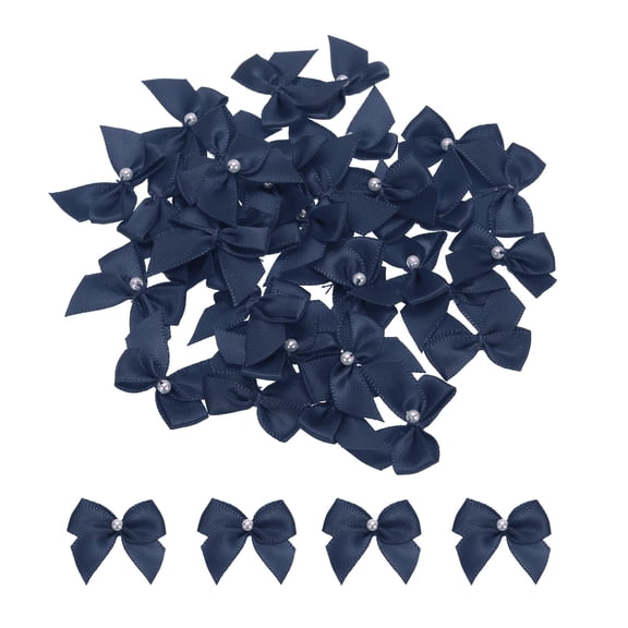 Uxcell 40Pcs Mini Navy Green Ribbon Bow with Pearl 1" Ribbon Flowers Applique for Craft DIY Decoration