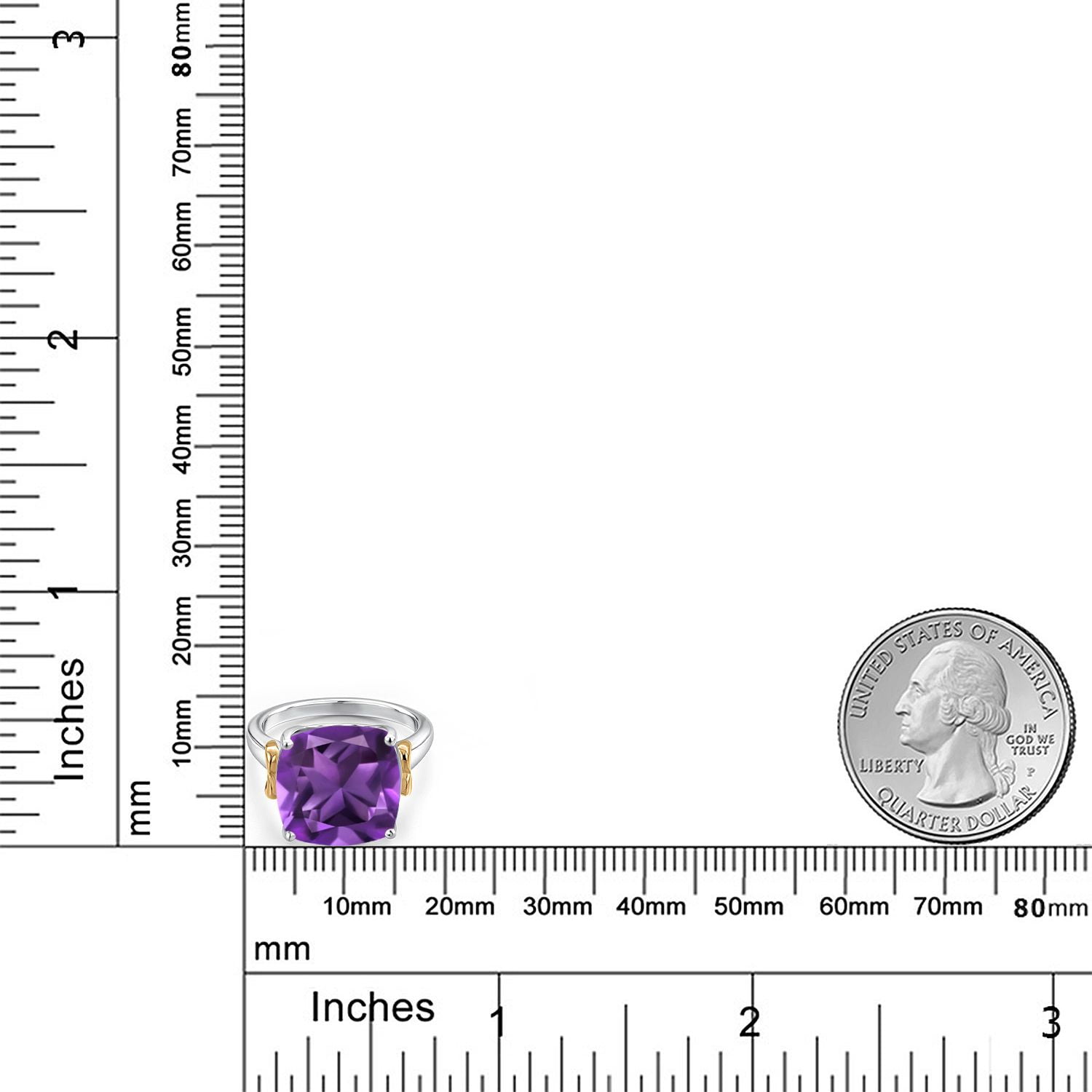 Gem Stone King 925 Silver and 10K Yellow Gold Purple Amethyst Solitaire Engagement Ring for Women | 6.40 Cttw | Cushion 12MM | Gemstone February Birthstone | Size 8