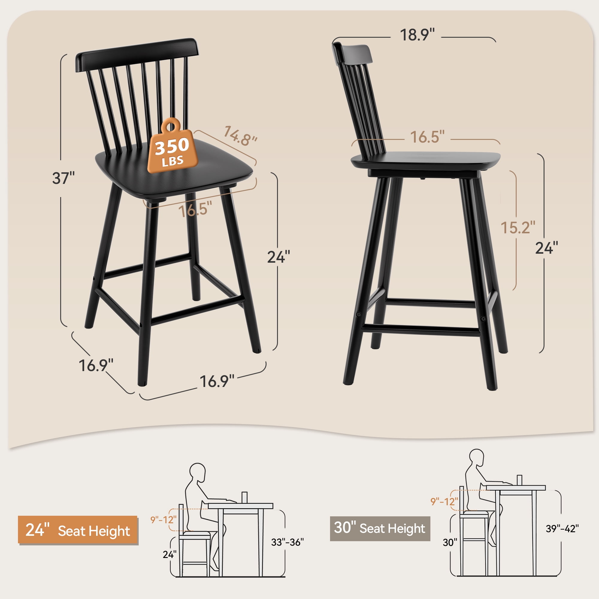 Dycanpo 24'' Windsor Wooden Counter Height Chairs Set of 3, Upgraded Farmhouse Bar Stools with Spinddle Back for Kitchen,Black