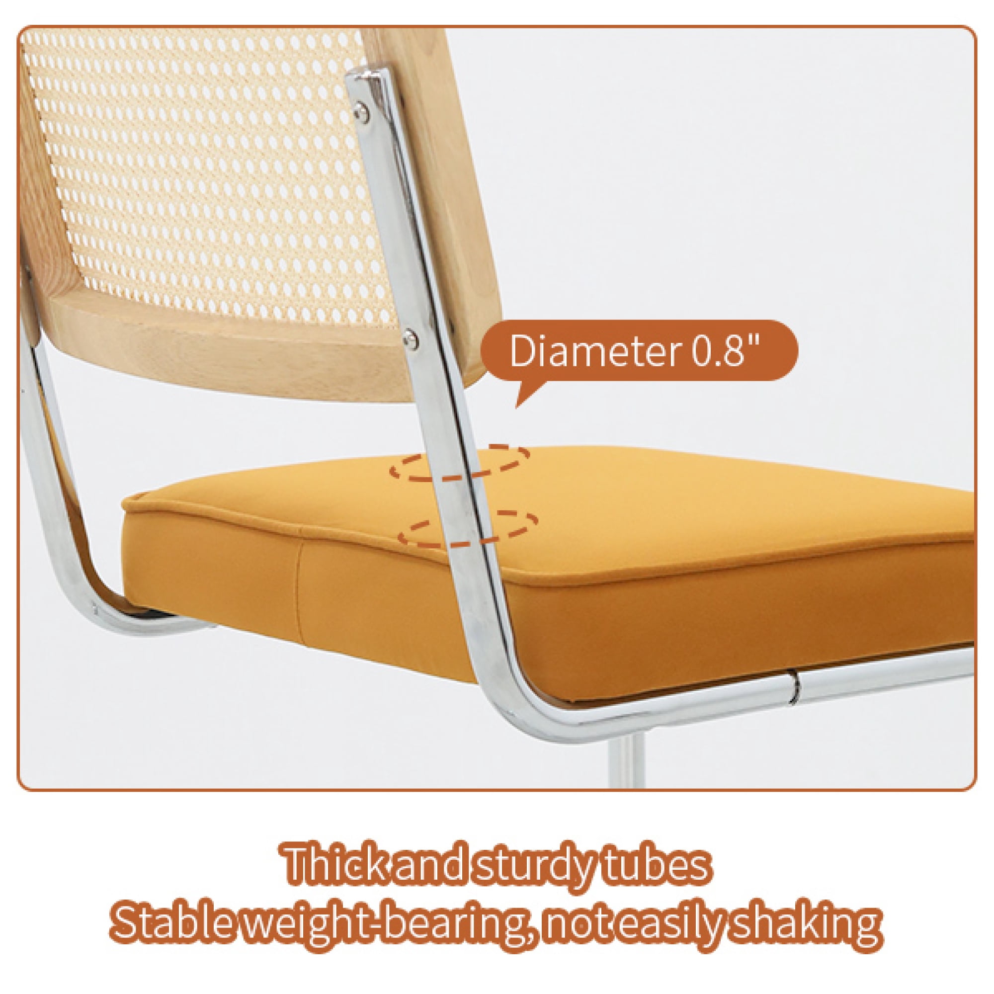 Leumius Set of 2 Dining Chairs, Velvet Rattan Side Accent Chairs with Chrome Legs, Modern Mid Century Breuer Designed Chairs for Dining Living Room Kitchen (Orange)