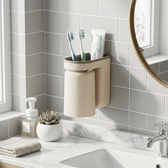 Toothbrush Holder, Wall Mounted Bathroom Storage Box with Mouthwash Cup and Brushing Cup Holder, No Drill Organizer for Toiletries and Bathroom Accessories, Khaki