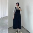 thumbnail image 1 of Robe Décontractée Coréenne Bleu Foncé Mode Ample Droite Été en Denim avec Poche Jupe Longue, 1 of 1