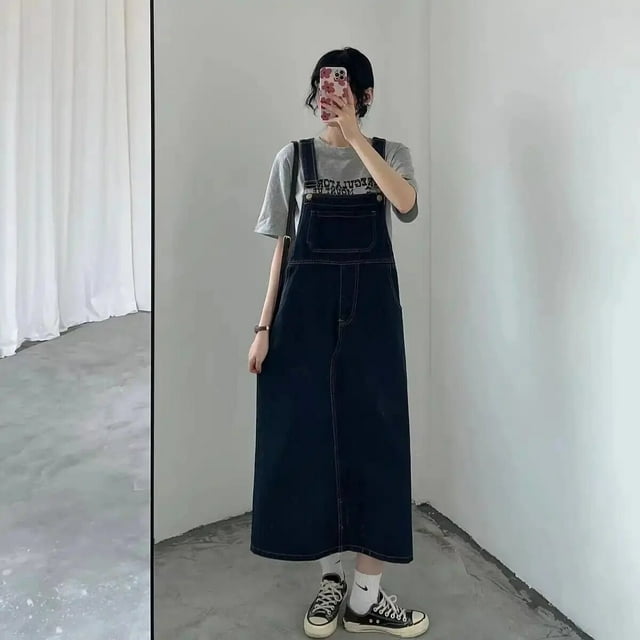 Robe Décontractée Coréenne Bleu Foncé Mode Ample Droite Été en Denim avec Poche Jupe Longue