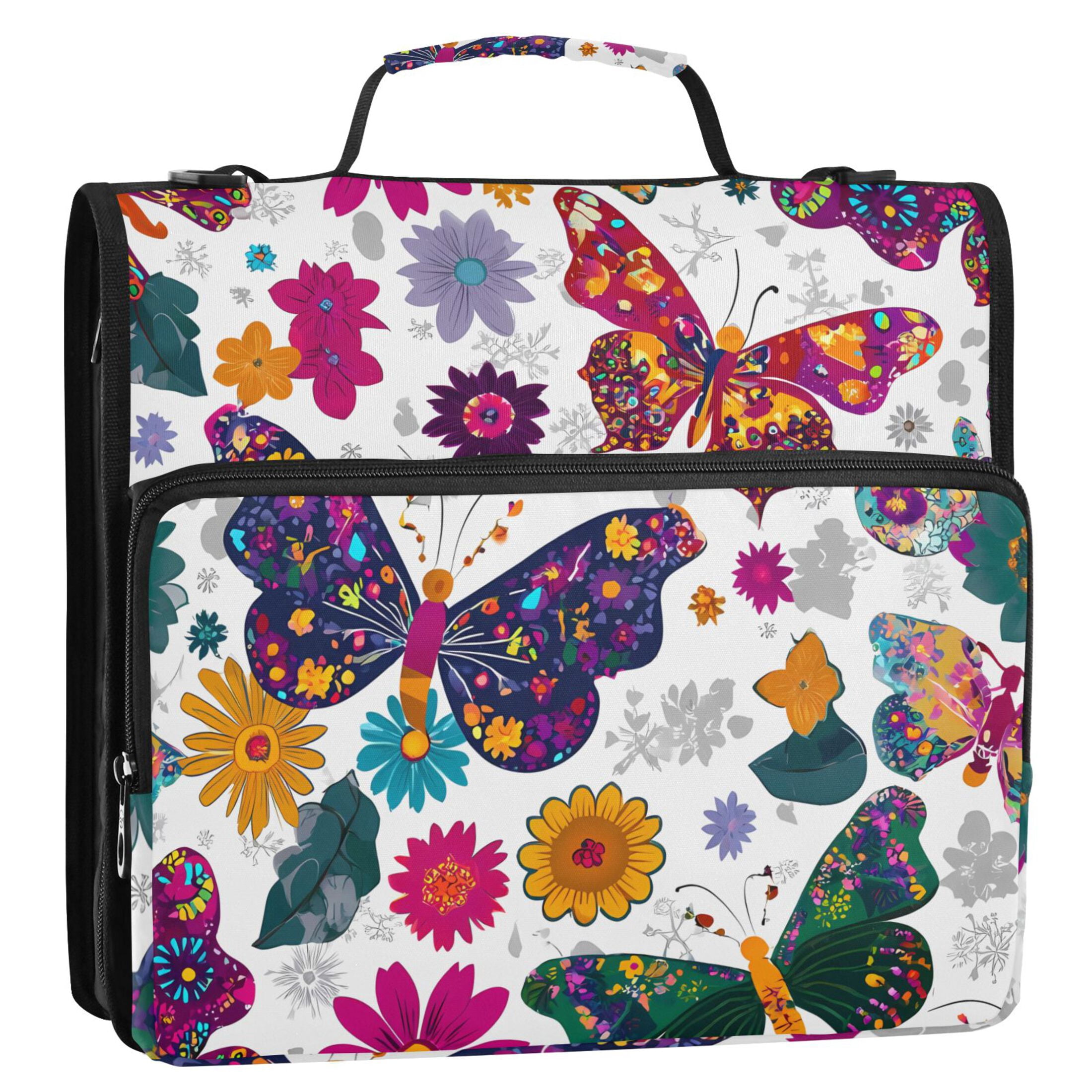 3 Ring Zipper Binder with Shoulder Strap Waterproof Trapper Keeper 2 Inch D-Ring 500 Sheets Capacity Colorful Butterflies and Flowers