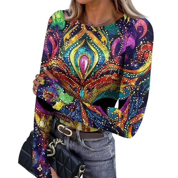 Mardi Gras Shirts Womens Carnival Glitter Long Sleeve Blouse Mask Print Crew Neck Purple Tunic Tops Green L