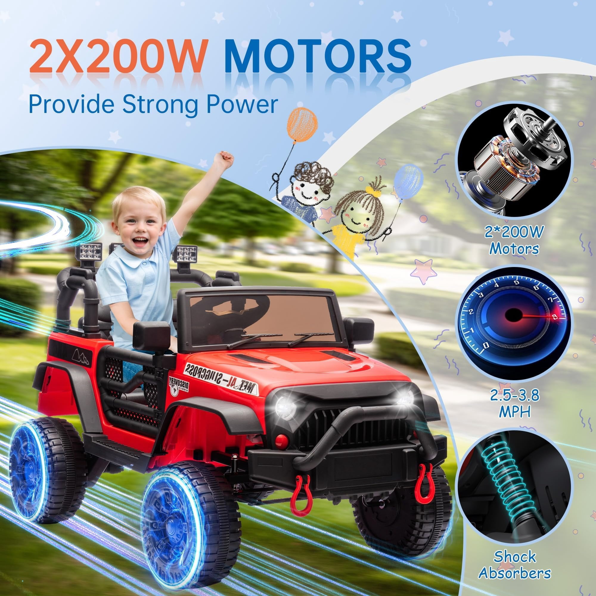 DYNALUNE  24V Kids Ride on Jeep, 400W Battery Powered Car with 4-Wheel Suspension & Music