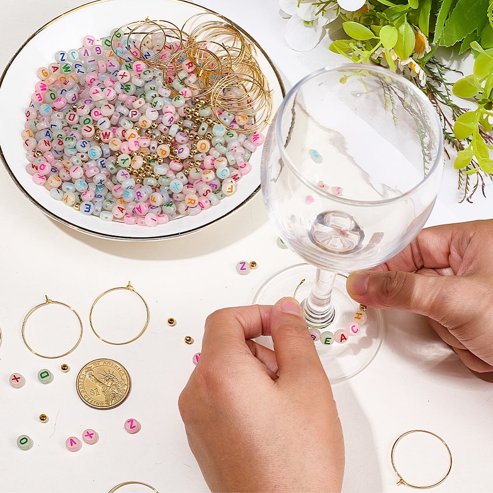 DIY Wine Glass Charms Making Kits Include Transparent Luminous Acrylic Letter Beads 304 Stainless Steel Beads Brass Hoop Earrings diy