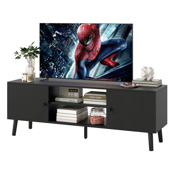 FDW TV Stand for 55 60 Inch TVs,with 2 Storage Cabinets and Open Shelves,Black