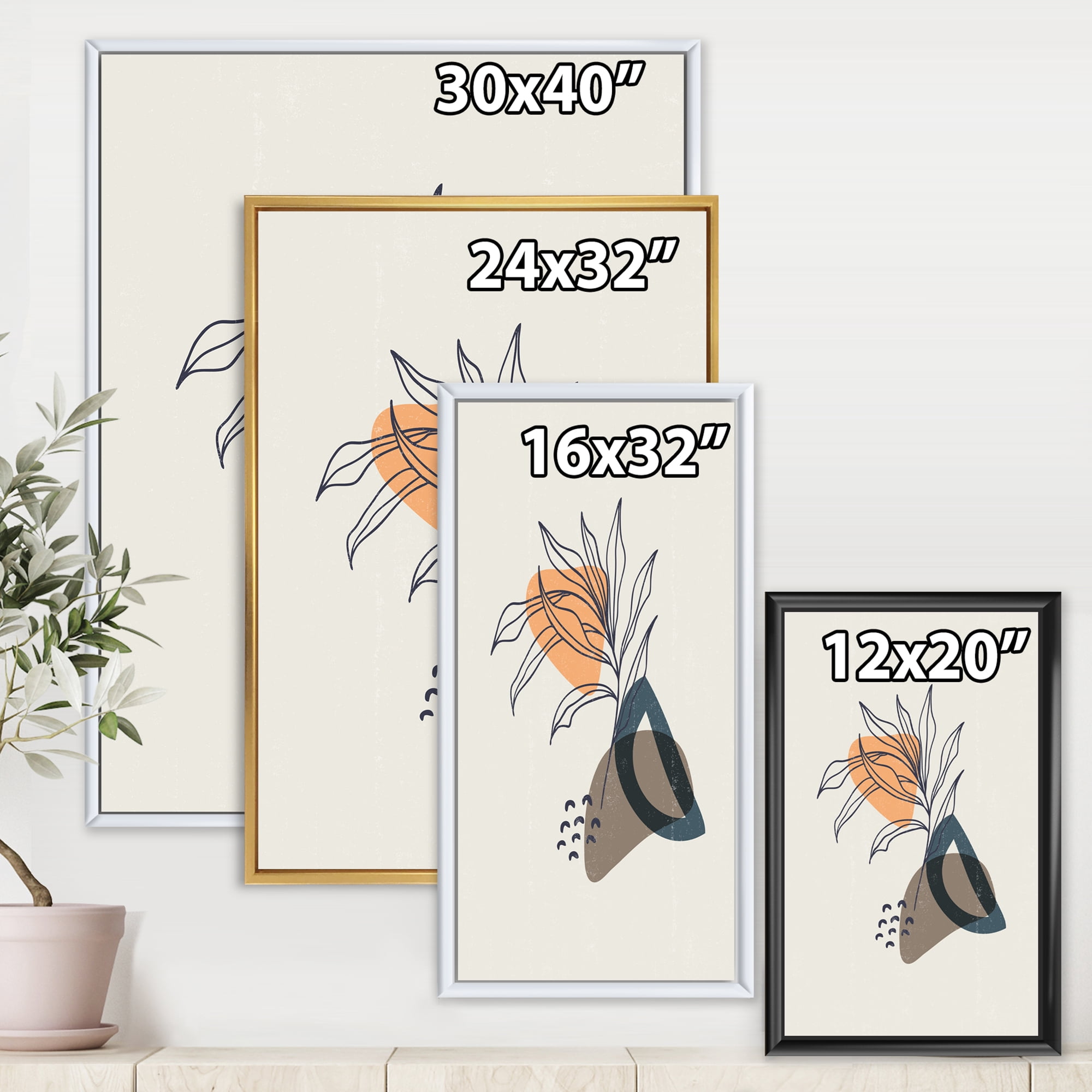 Designart 'Minimalist Shapes With Ancient Plant I' Modern Framed Canvas Wall Art Print