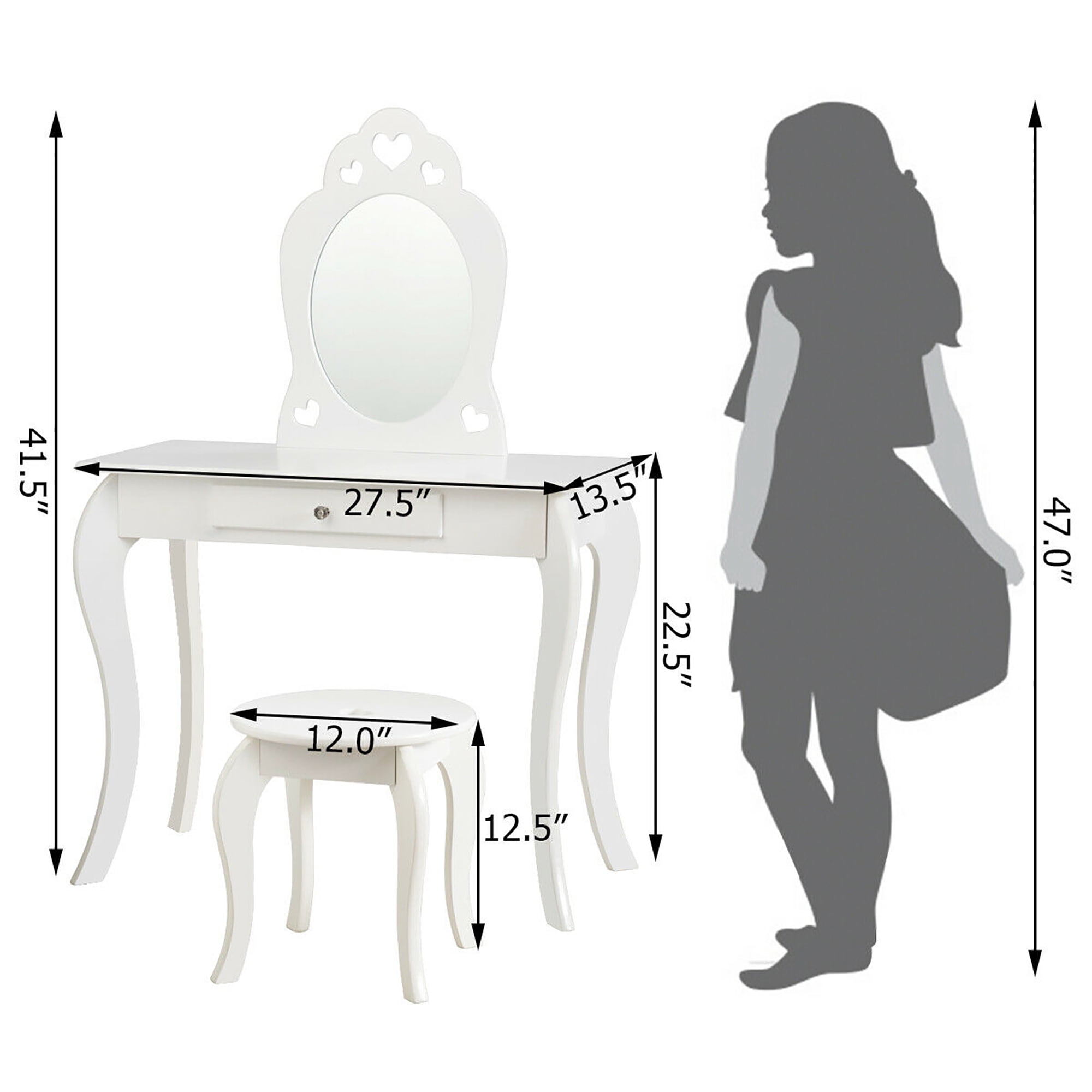 Costway Kids Vanity Set Princess Makeup Dressing Play Table Set W/Mirror  White