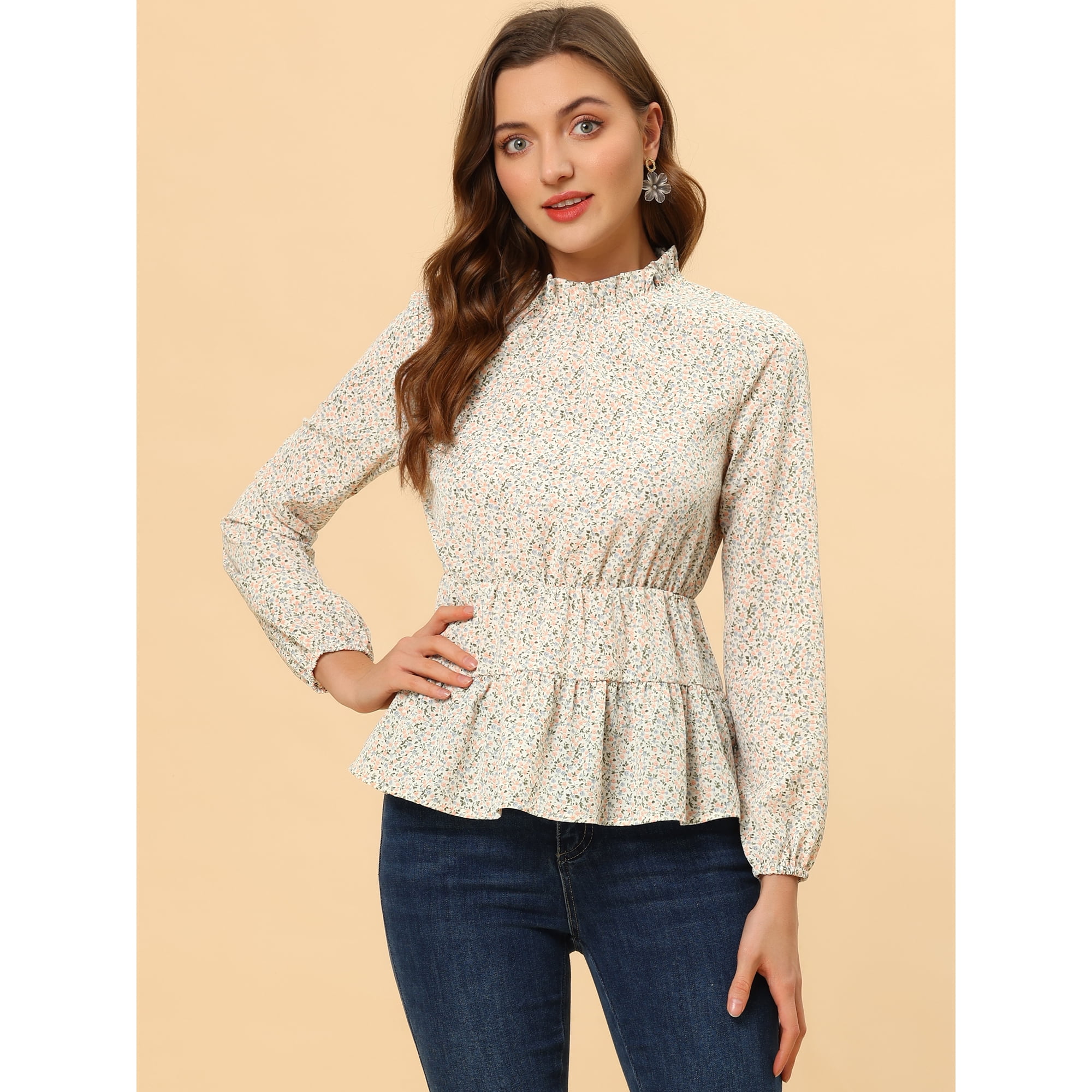 Ruffled Peplum Blouse Top Stand Collar Long Sleeve Floral Shirt White XS