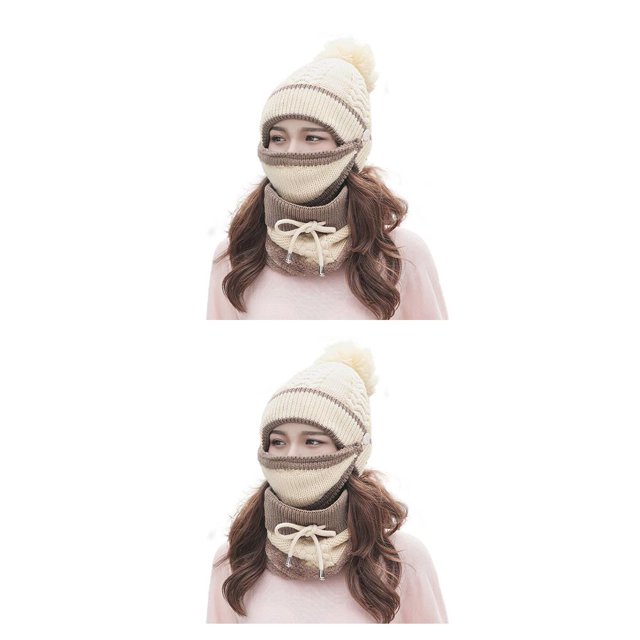 Qarigey Bufanda cálida de invierno para mujer, conjunto de cubierta para la cara y el cuello, gorro de punto, gorro con pompón Type1 NO1