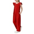 thumbnail image 3 of lcziwo Girls Wide Leg Loose Jumpsuit Kids Casual Cap Sleeve Round Neck Long Romper Summer Onesie Pants with Pockets Red Camisas Para Hombres, 3 of 9