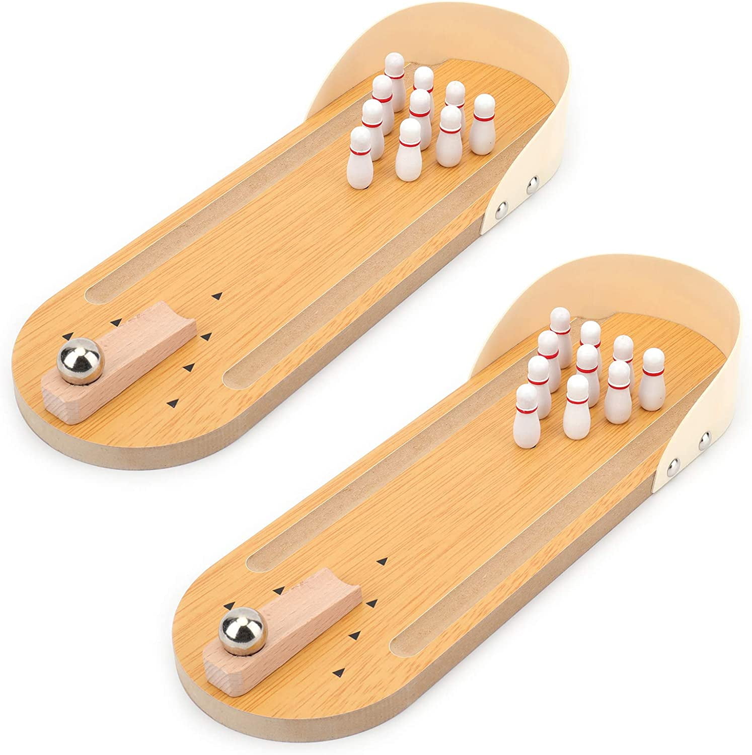 Desktop Mini Bowling Game Set of 2, Wooden Mini Tabletop Bowling Set with Bowling Pins and Metal