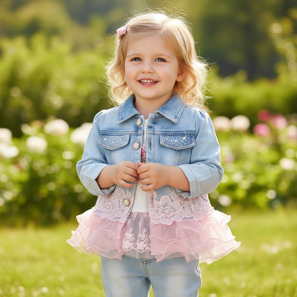 Peacolate Baby Girls 3-Piece Denim Clothing Set - T-Shirt, Denim Jacket, and Jeans, Pink, 1-2 Years