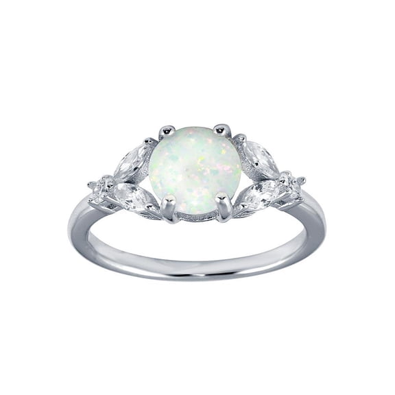 Rhodium Plated 925 Sterling Silver Flower Shank Simulated Opal Ring White CZ Female Size 7