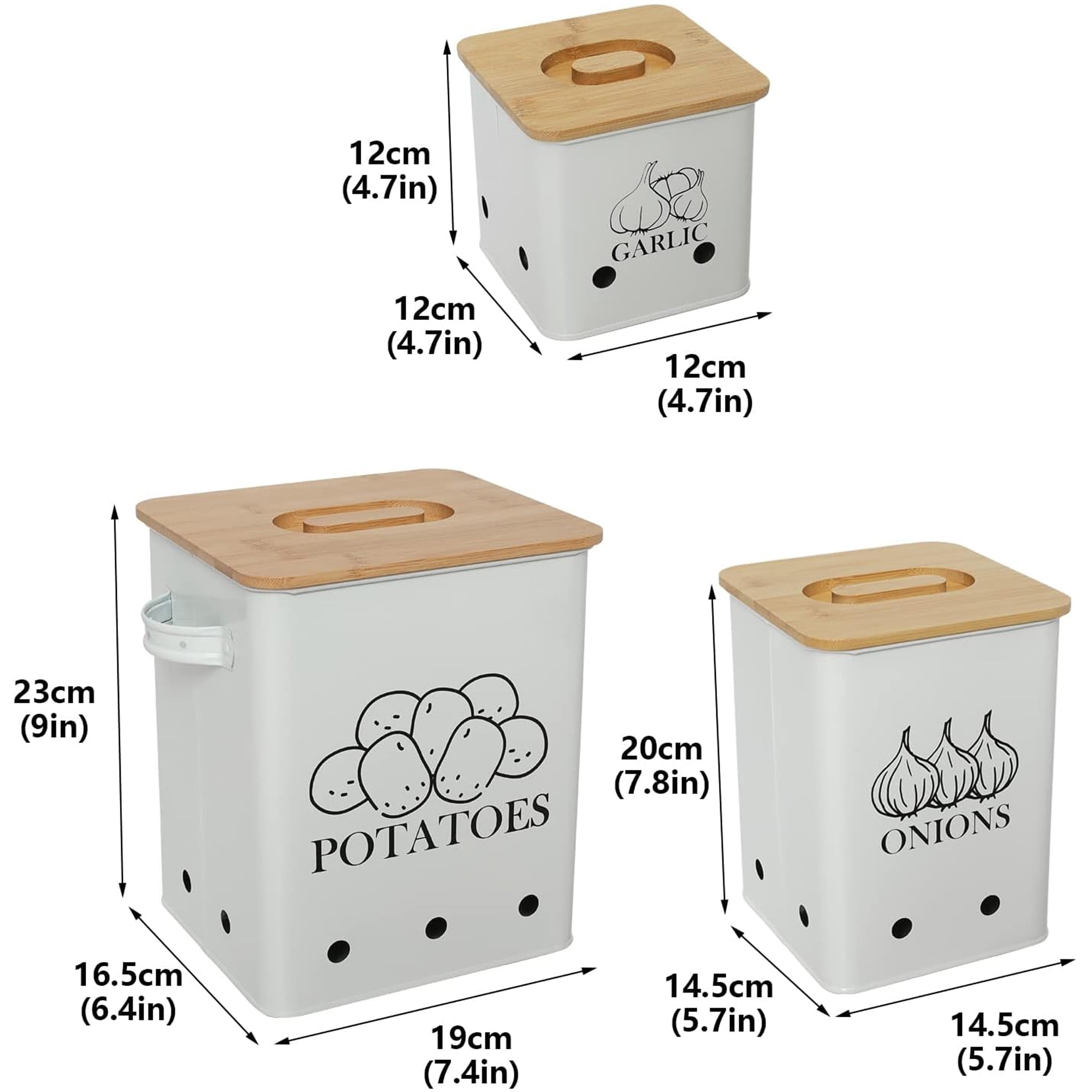 Pethiy Kitchen Storage for Potato Onion & Garlic,3 Pack Set Kitchen Counter Organizers with Wooden Lid - Potato Storage Garlic Bin,Onion Keeper Tin with Aerating Holes-White