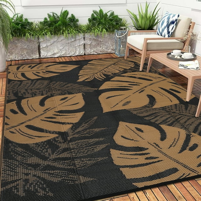Hasoo 10' x 14' Black/Brown Outdoor Rug Plastic Straw Rug Floral Waterproof PP Tube Woven Picnic Mat for Patio Decor Porch Balcony Picnic Rug