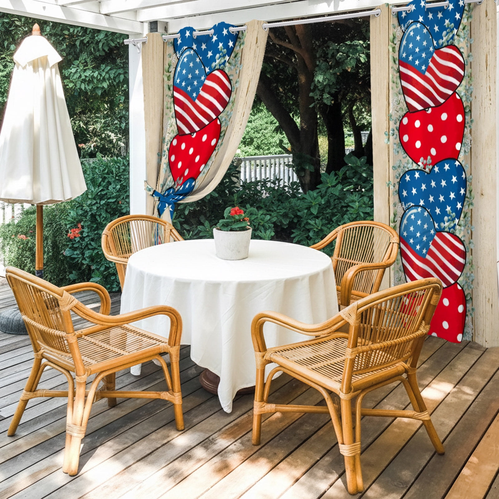 Independence Day Outdoor Curtains for Patio, Hearts American Flag Eucalyptus Leaves Sunshade Privacy Drapes Grommet Waterproof Outside Curtains for Porch/Cabana/Balcony 54"x 108", 1 Panel