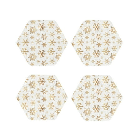 

Junzan gold Snowflake print Print Coasters for Drinks - Leather Coasters Set of 4 for Coffee Table for Housewarming/Kitchen/Bar/Decor-Hexagon