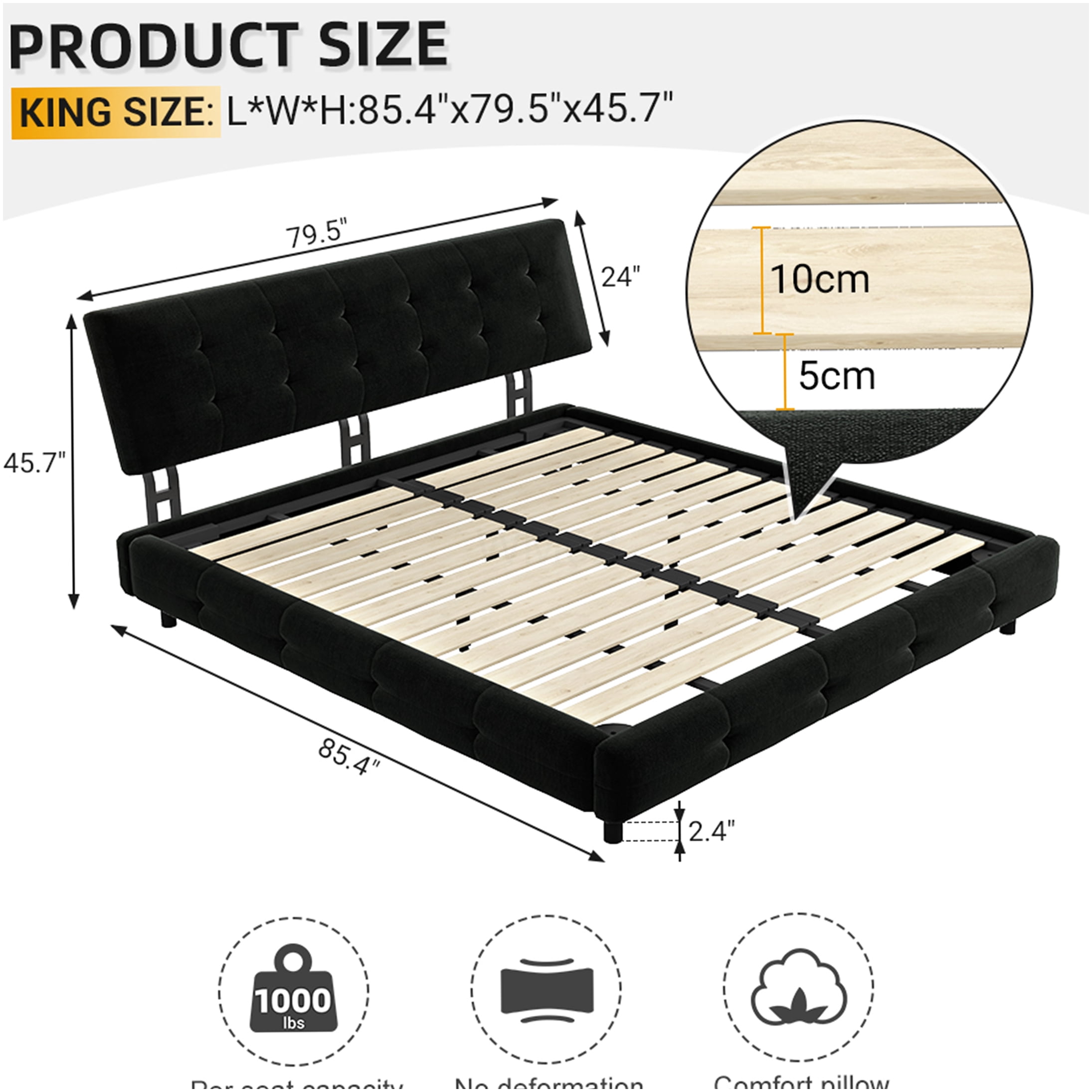 King Size Upholstered Platform Bed Frame with Cloud Pillow Headboard, No Box Spring Needed, Sturdy Metal and Wood Support, Silent and Stable, in Black Chenille Fabric