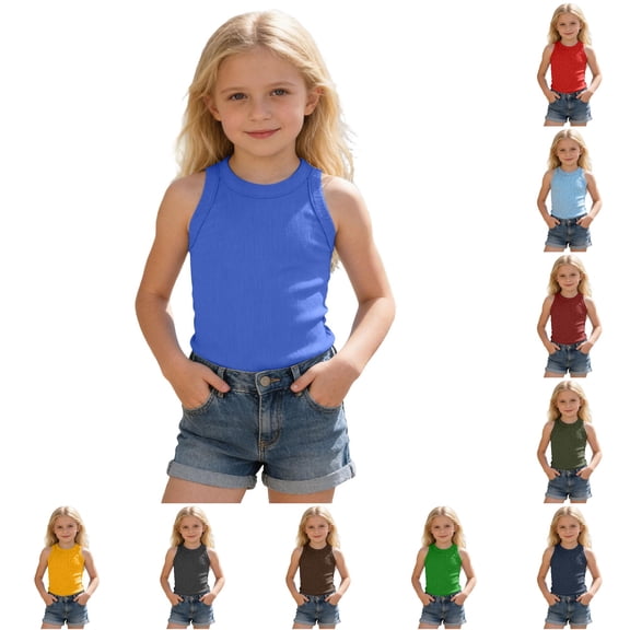 FINALGANG Girls Kids High Crew Neck Sleeveless Solid Ribbed Knit Slim Fit Basic Casual Halter Tank Top For Little Girls Daily Home Wear Summer Outdoor Activities Comfortable Top Blue 9-10 Years