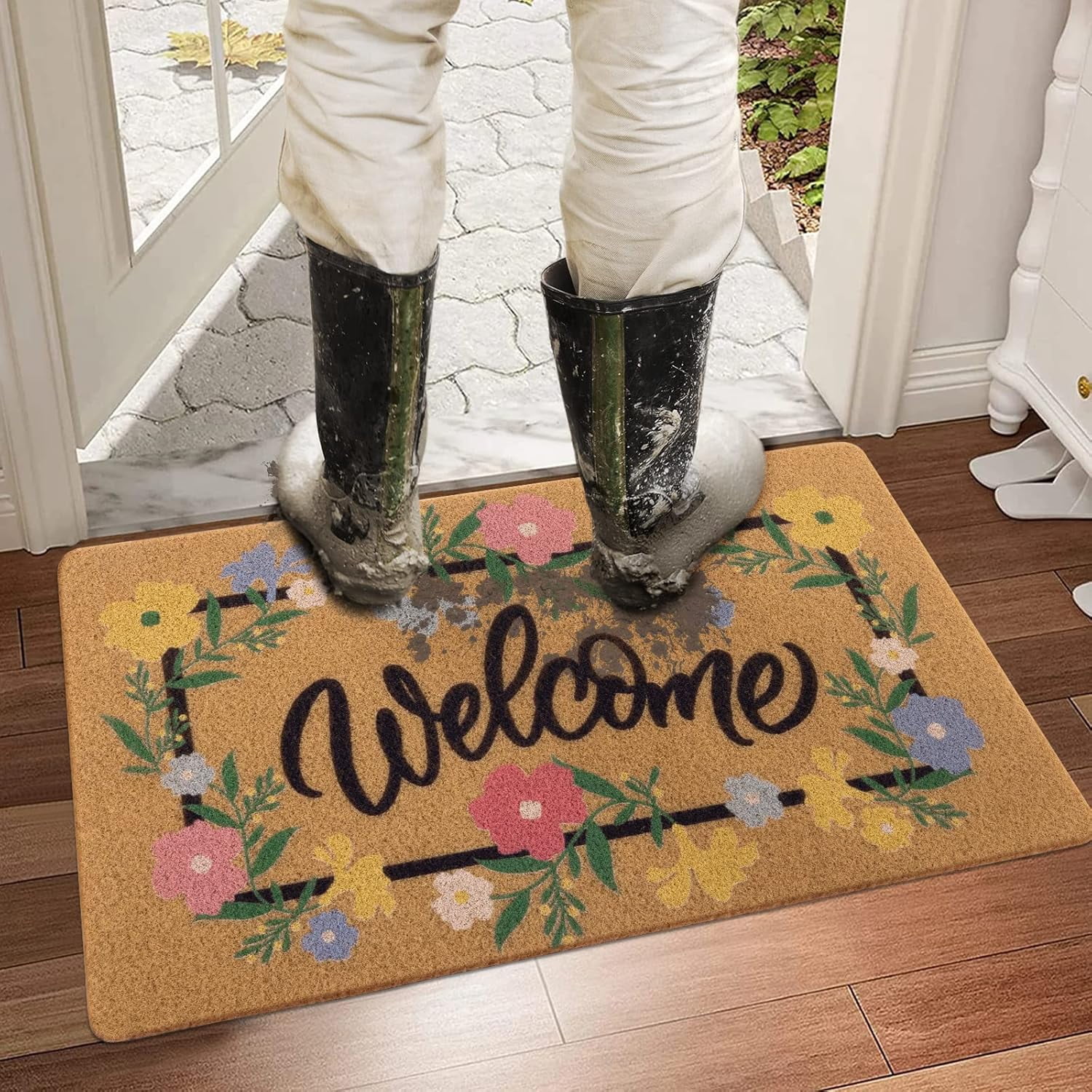 Artificial Coir Doormat with Non-Slip Backing for Indoor and Outdoor 17 x 30 inch Front Door Welcome Mat Spring Summer Seasonal Doormat, Welcome Flower Garland
