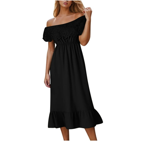 Flowy Dresses For Women Sevevn Women's Summer Short Dresses Short Sleeve Solid Color Loose Off-Shoulder Midi Dress Casual Dresses For Women