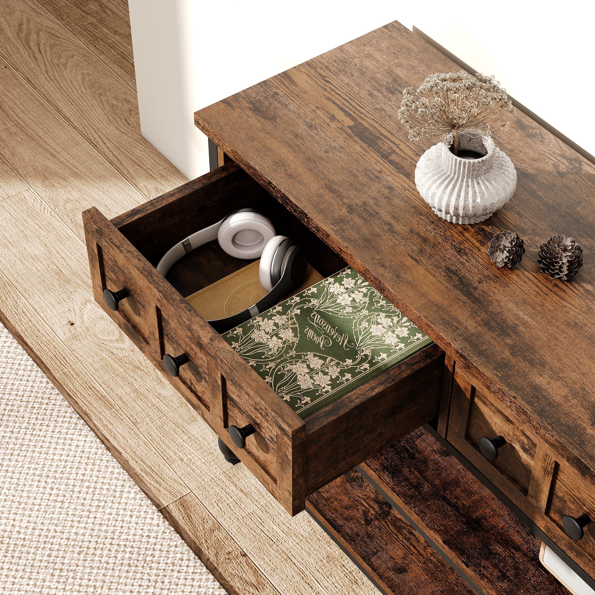 52.5 Inch Long Console Tables for Entryway with 3 Drawers, 3-Tier Industrial Metal Frame Sofa Table with Roman Column Legs for Hallway, Living Room, Foyer, Retro