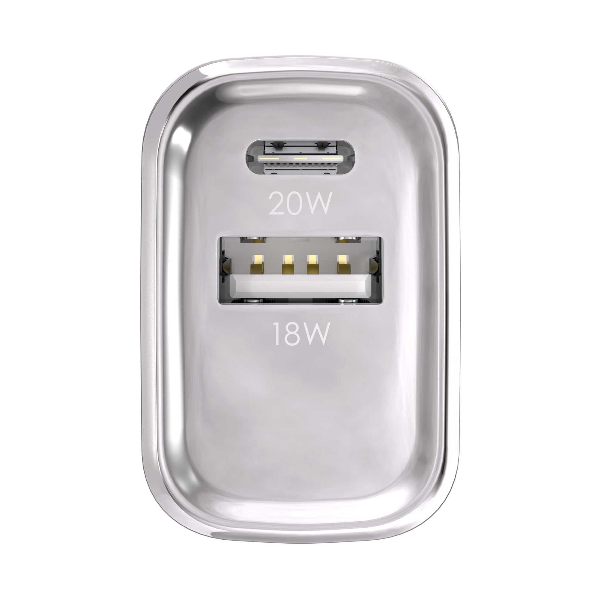 Powertek Luxe 20W USB-C + 18W USB-A Fast Charging Dual Port Block, Silver, Compatible with iPhone, Android, Tablets & USB Devices, Compact Travel Adapter