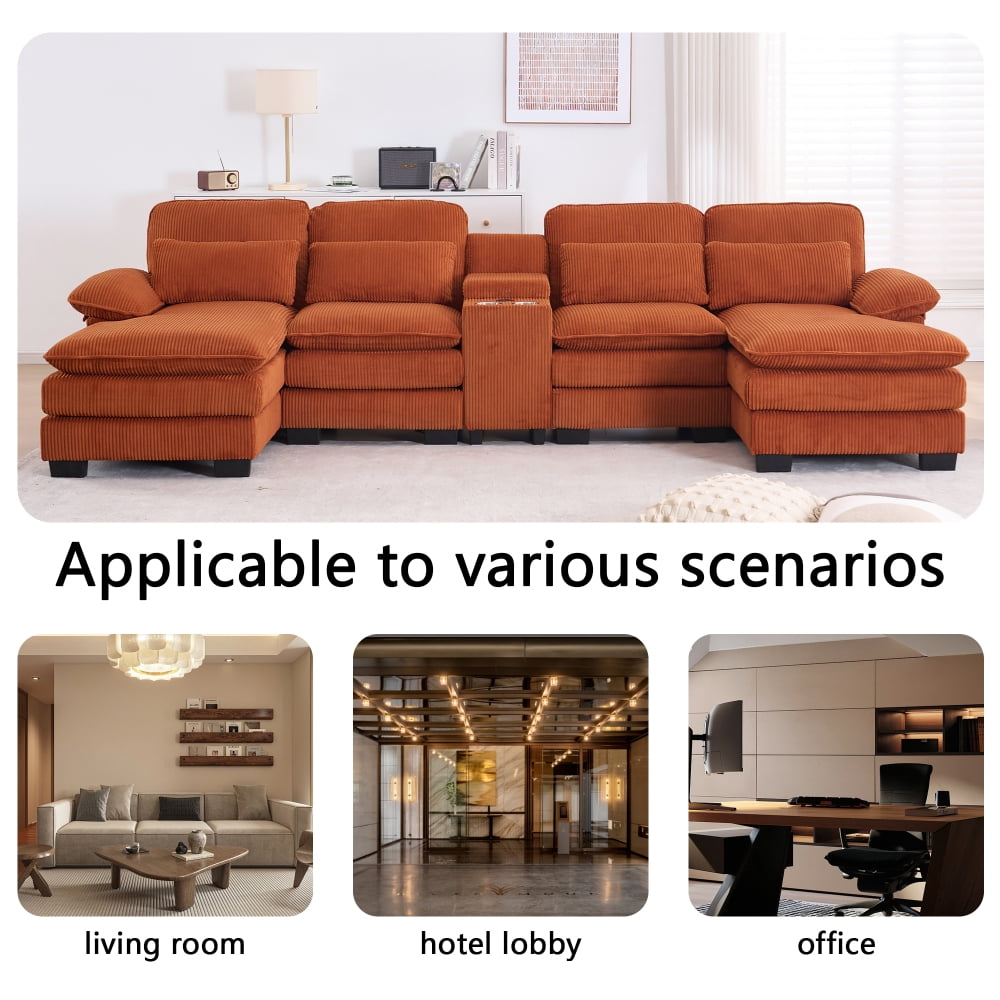 124" U-Shaped Modern Sectional Sofa w/ Console, Cup Holders & Pillows,  Comfortable Seating