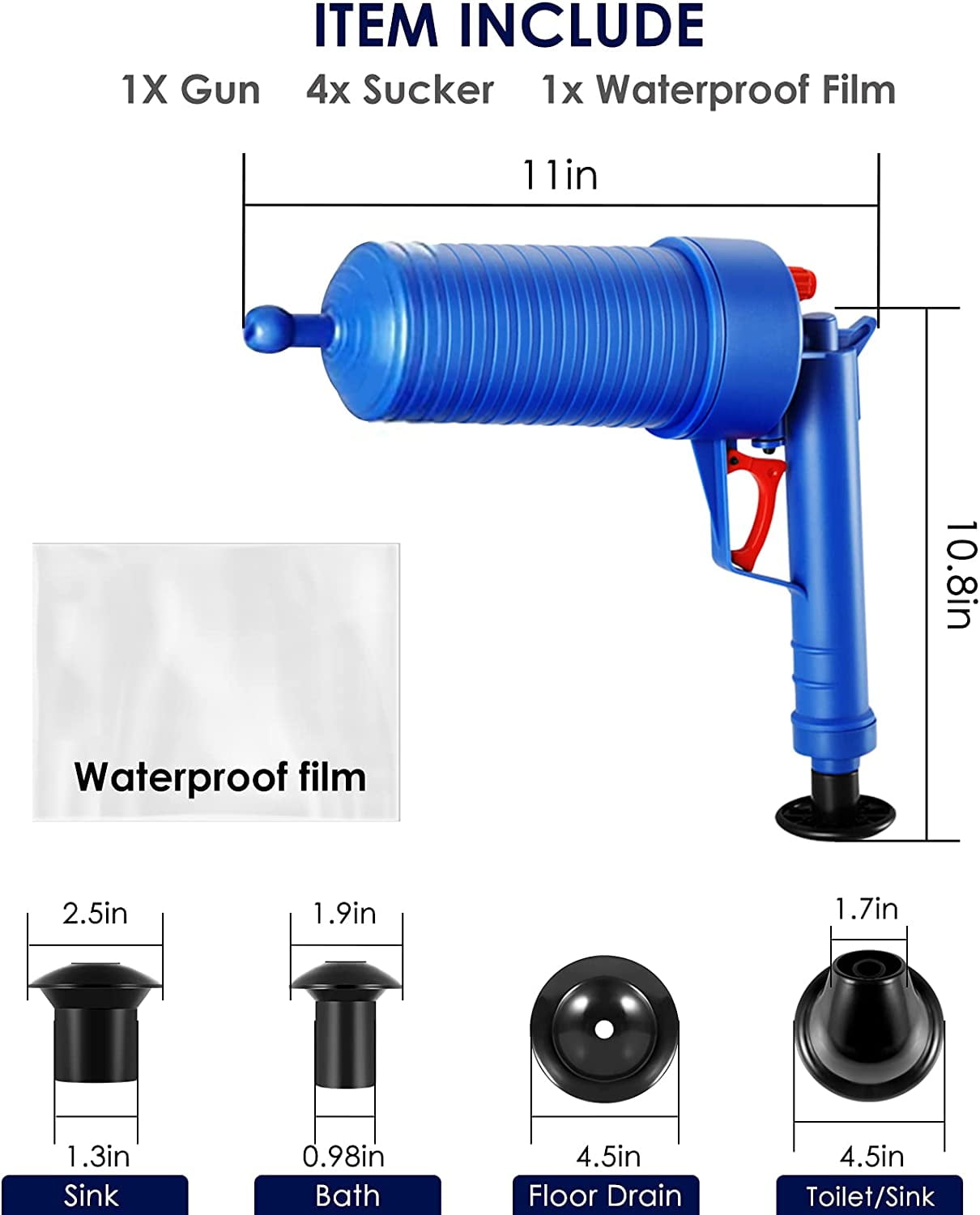 Fanmusic Toilet Plunger Set Air Power Toilet Unclogger Plumbing Tools Cleaning Tool Clog Remover for Home Bathroom Kitchen Squat, Size: 57cmx12.5cm, White
