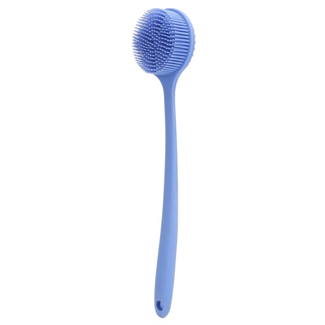 Cepillo de ducha de cabeza redonda azul con mango largo de silicona para limpieza profunda