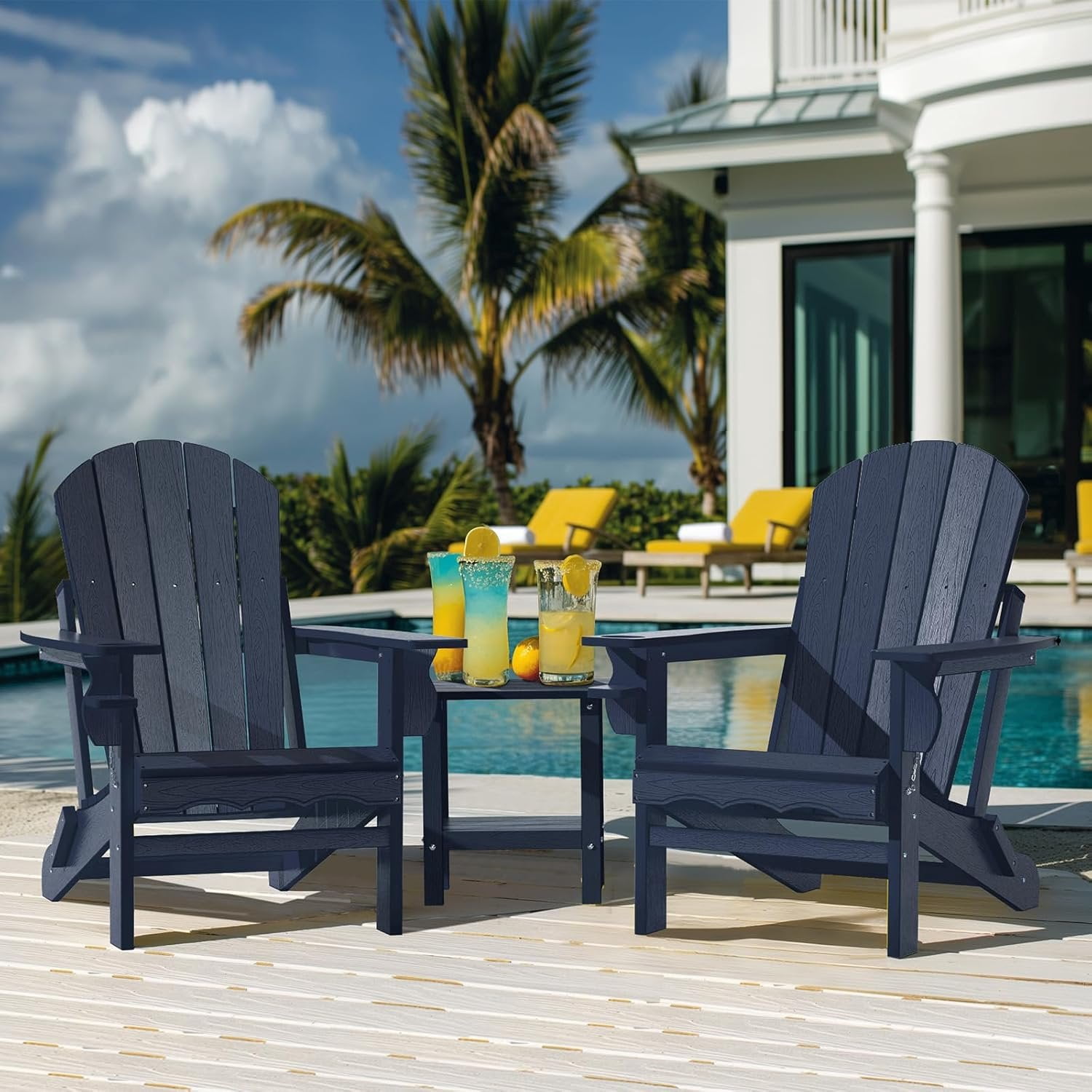 Folding Adirondack Chairs, HDPE Plastic Adirondack Chair with Cup Holder Weather Resistant,  Texture Outdoor Fire Pit Chairs for Patio Garden,Poolside and Deck, Umbrella Hole, Dark Blue