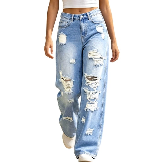Uaswgudfs Women's Washed Ripped Denim Jeans Distressed Style Casual Streetwear Long Pants Fashion