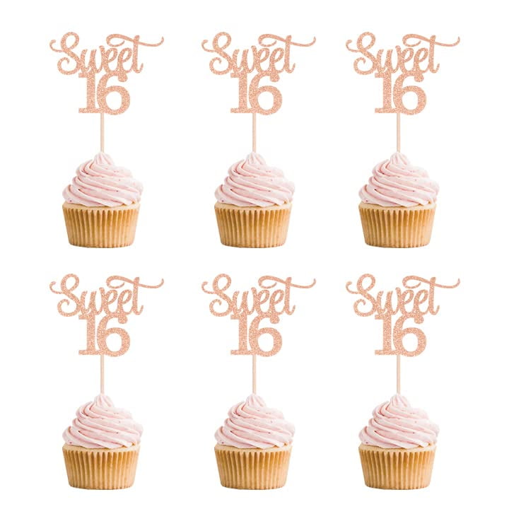 48 PCS Rose Gold Glitter DoubleSided Sweet 16 Cupcake Toppers, Sixteen
