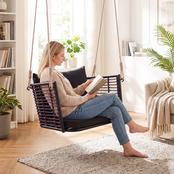 Black Porch Swing Chair with Zippered Cushions, Pe Rattan, Ropes, Metal Frame