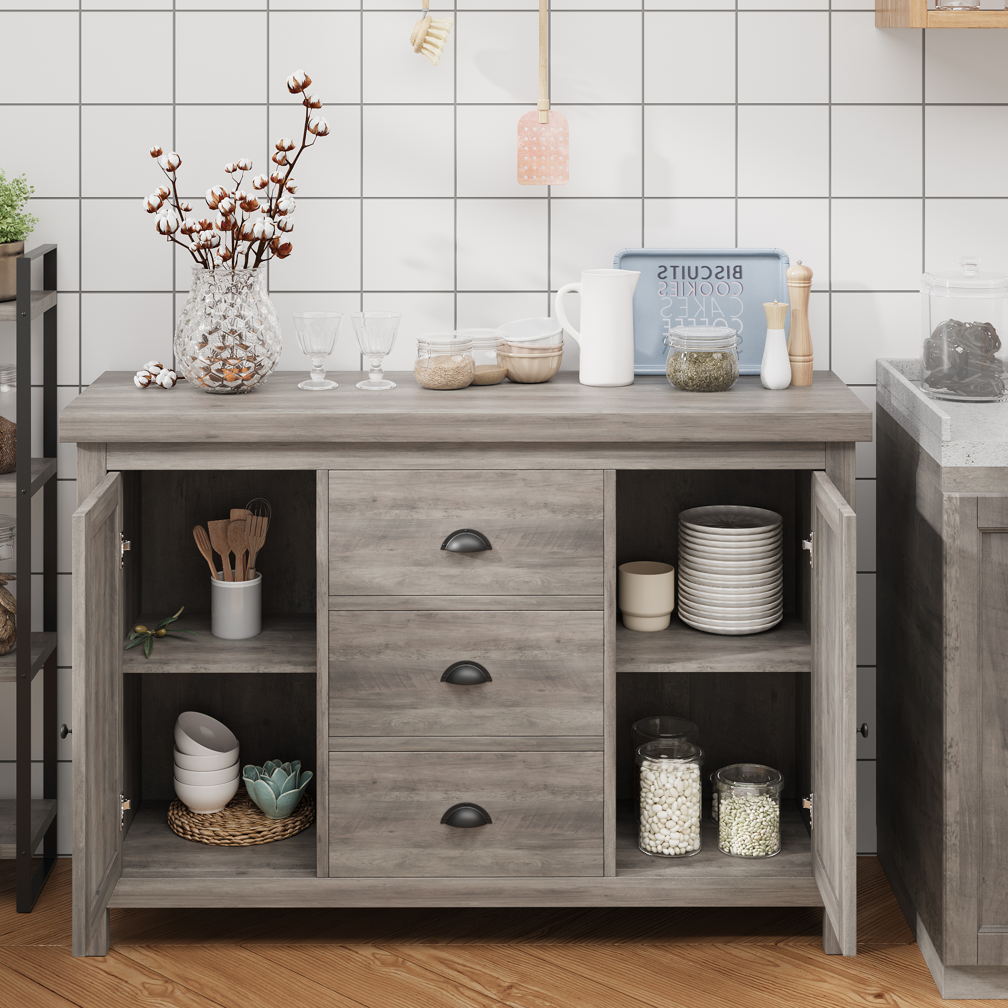 Leeten Gray Buffet for Kitchen Wood Storage Furniture