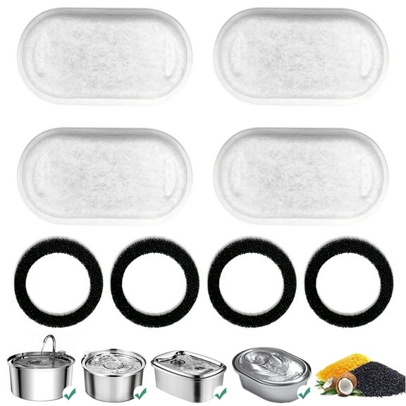 Cat Water Fountain Filters, Replacement Filters for 3.2L/108oz 2L/ 67oz Stainless Steel Pet Drinking Fountains (4 Carbon Filters   4 Sponges)