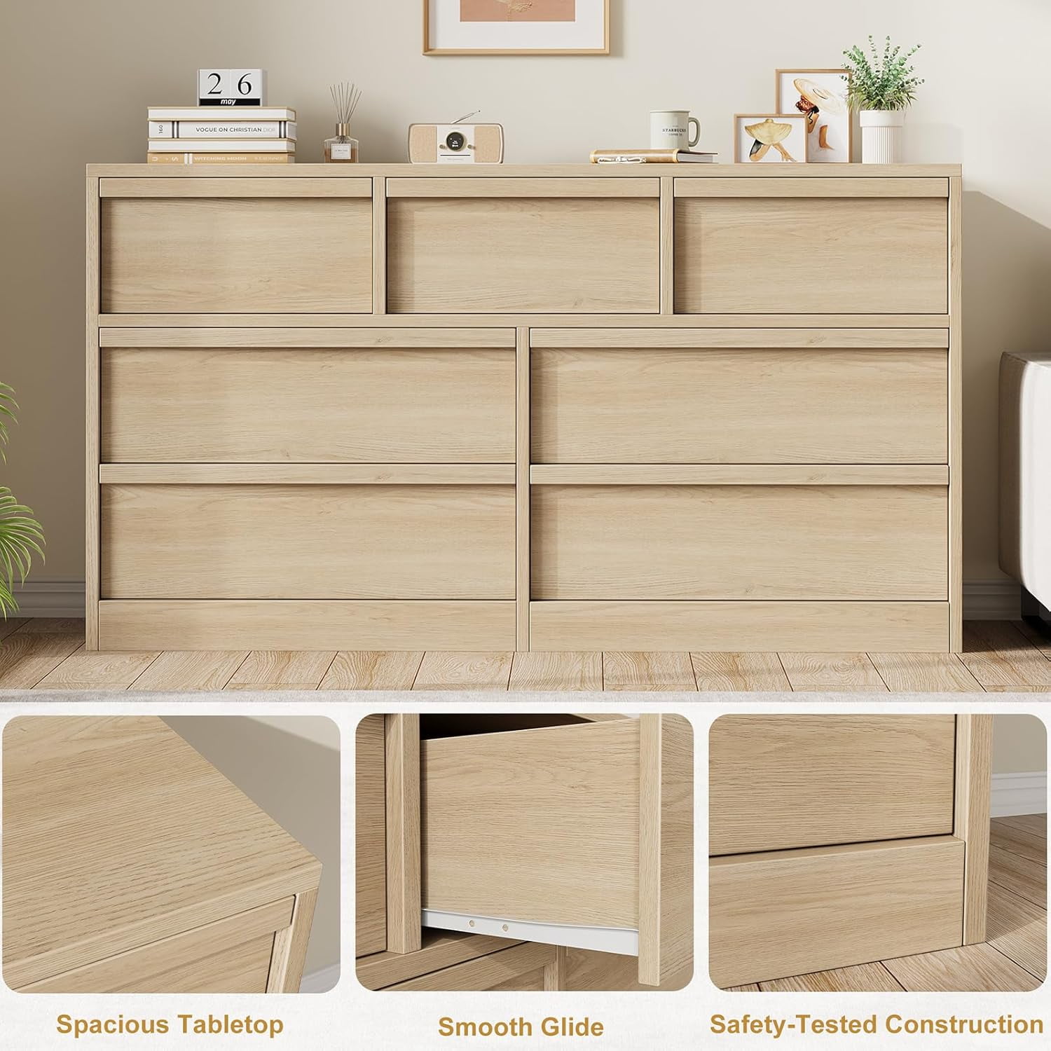 7 Drawer Dresser for Bedroom, 54in Wide Natural Oak 8 Chest of Drawers with Large Storage, Wooden Dresser Organizer for Living Room, Entryway, Nursery