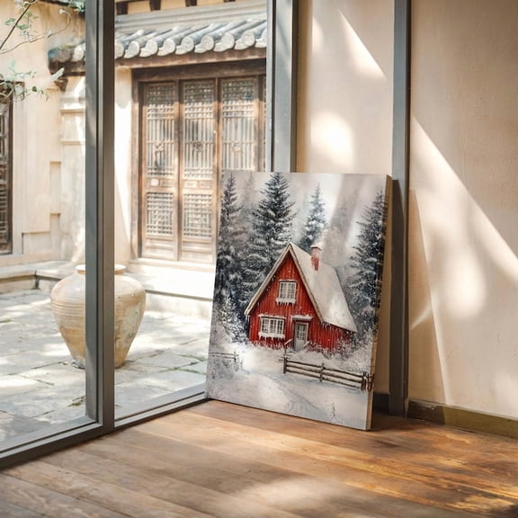 Velto Cozy Red Cabin in Snowy Pine Forest Winter Landscape Canvas Wall Art for Rustic Holiday Home Decor, SIZE 8x10 INCLUDE Pine Wood Frame 1.25-Inch