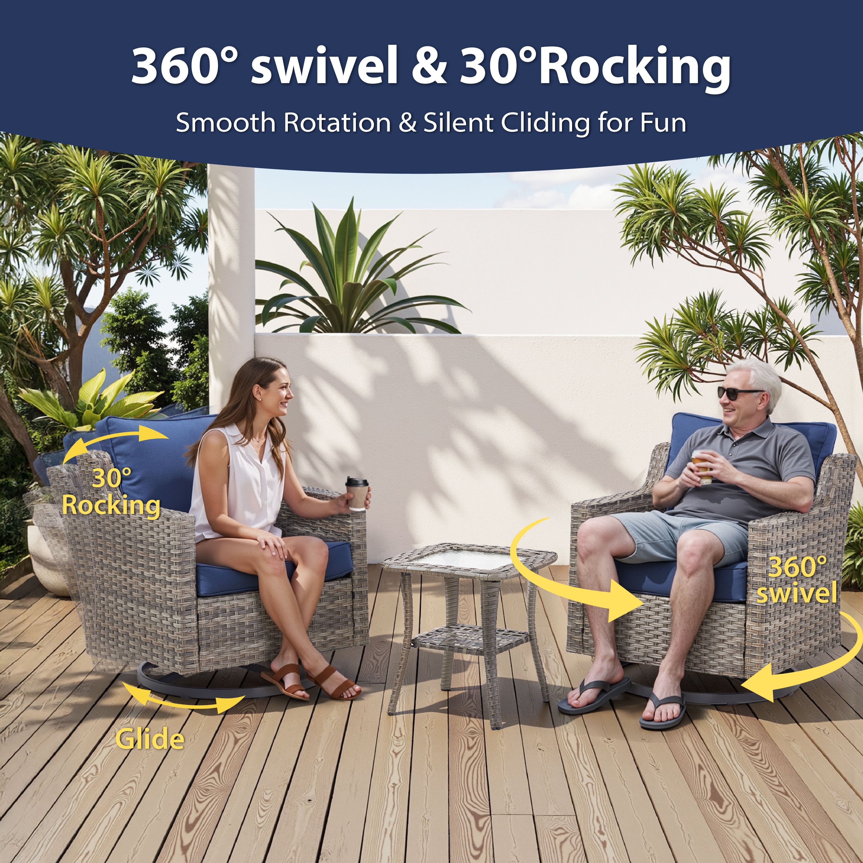 Bellefurn 7 Pieces Patio Furniture Sets with Swivel Chairs,All-Weather Outdoor Conversation Sets with 2 High Back Couch,Outdoor Swivel Rocker Chairs,Coffee Tabel for Porch Deck Backyard