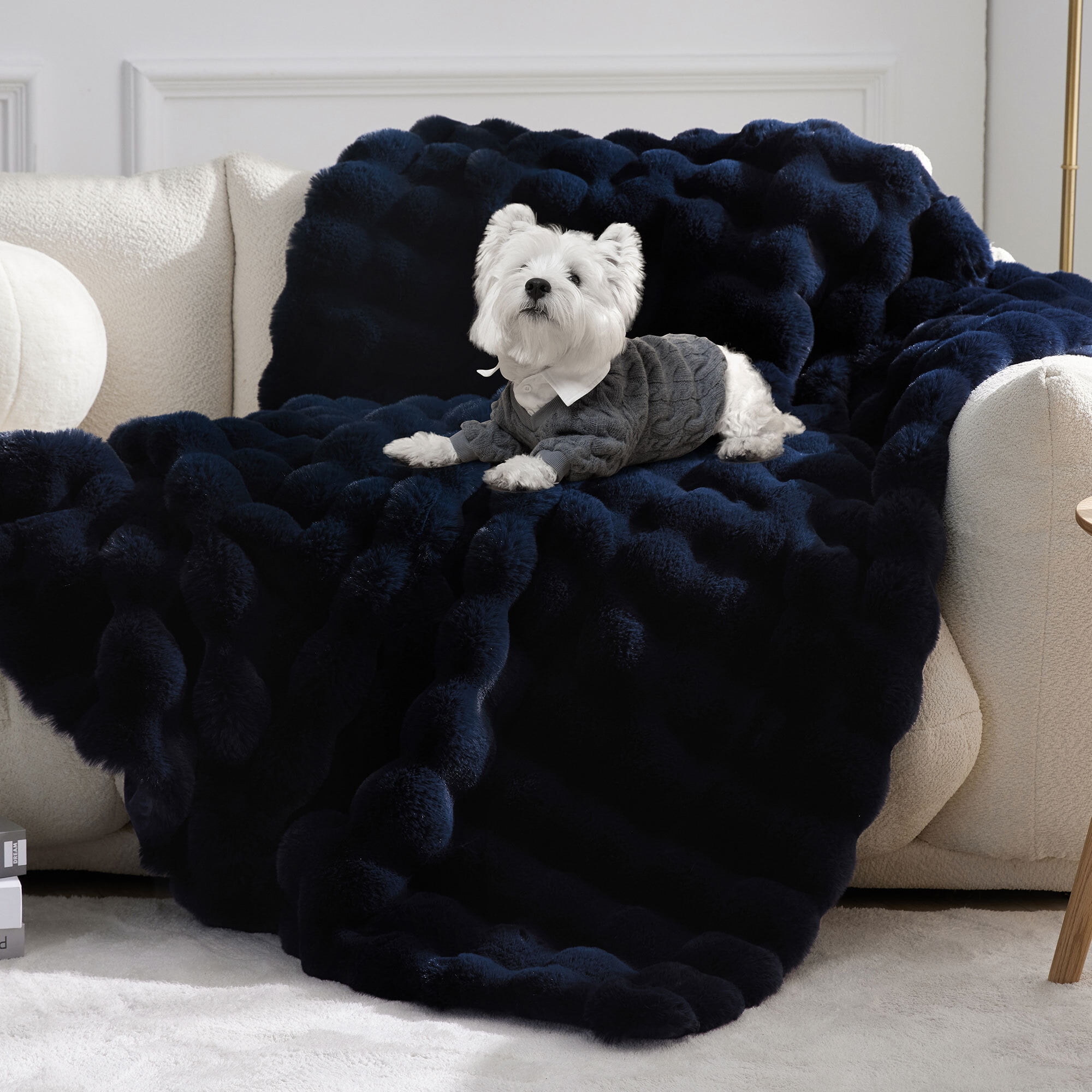 PatPat Throw Blanket for Couch Bed Fleece Plush Fuzzy Faux Fur Home Room Decoration Gift Bubble Soft Blue Navy Throws Blankets 50" x 60"
