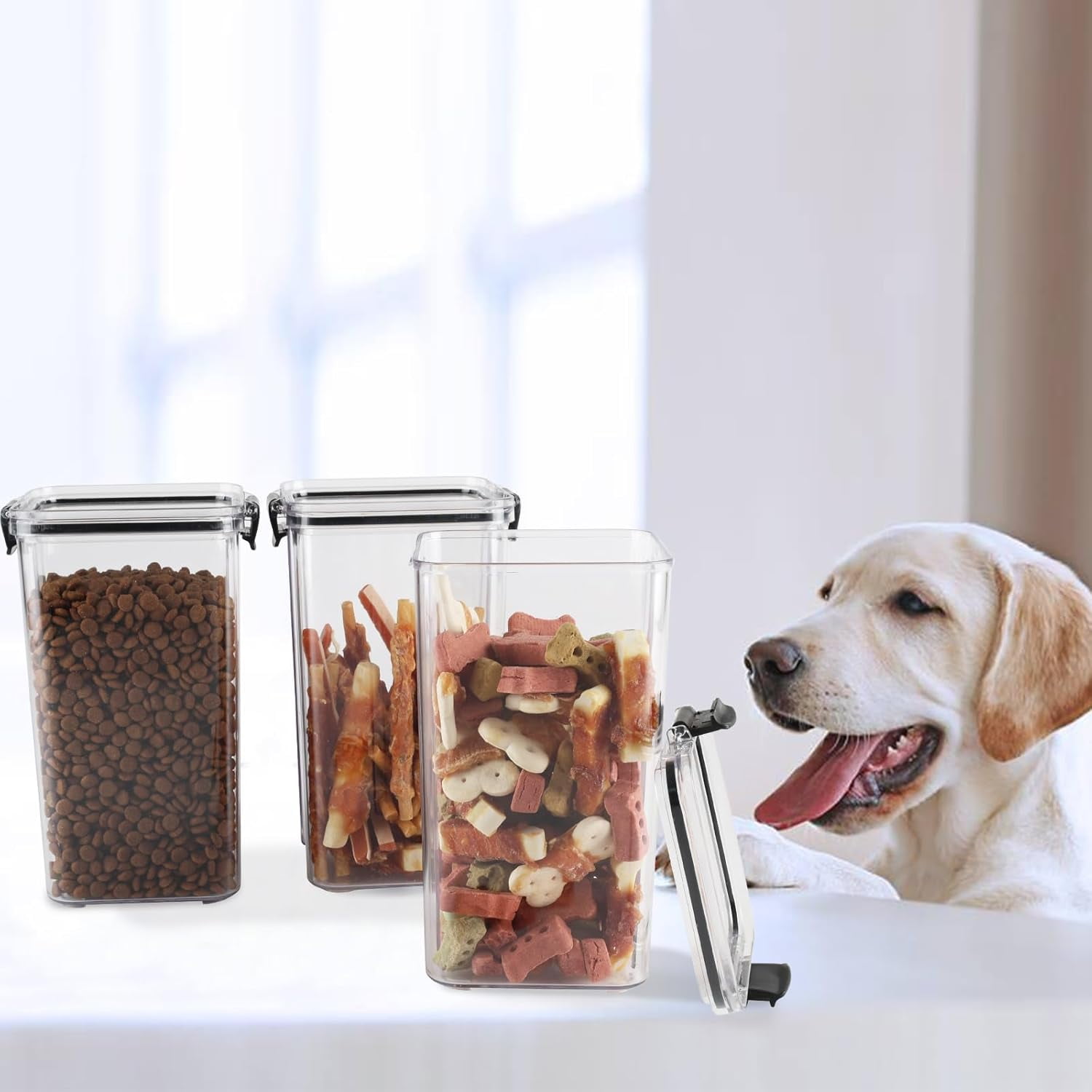 Brabtod 3-Pack Airtight Pet Food Containers with Locking Clips, Dog & Cat Food Storage with Labels & Pen, Bird Seed Treat Canisters
